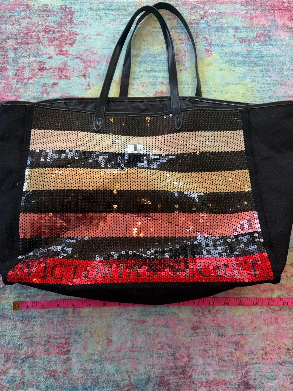 Victoria's Secret Black Tote with Gold and Red Sequin Stripes